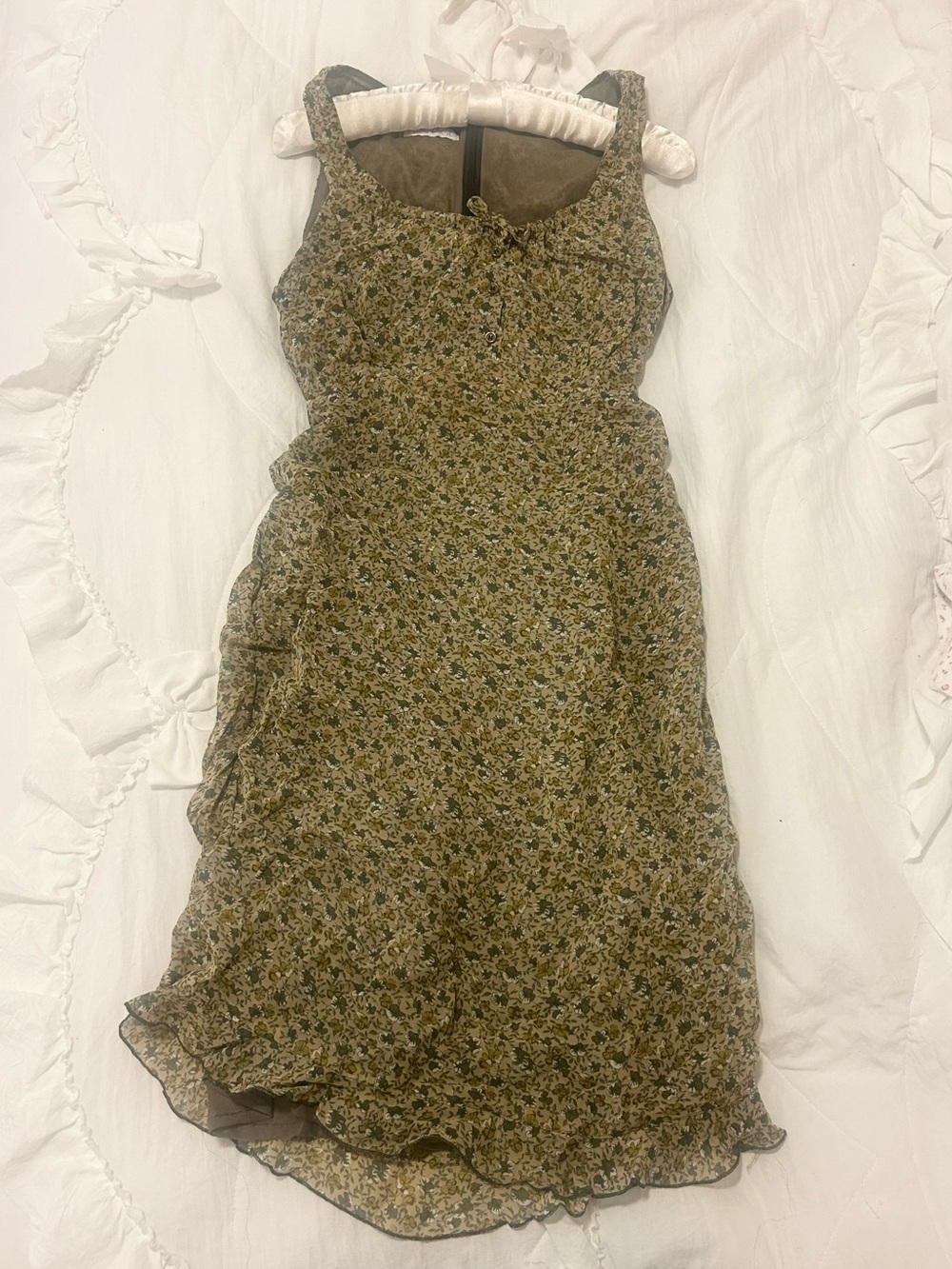 Floral Ruffle Midi Dress in Olive Green